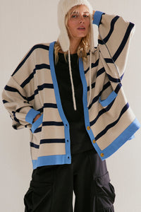 Colorblock Drop Shoulder Buttoned Loose Cardigan - KaleaBoutique.com