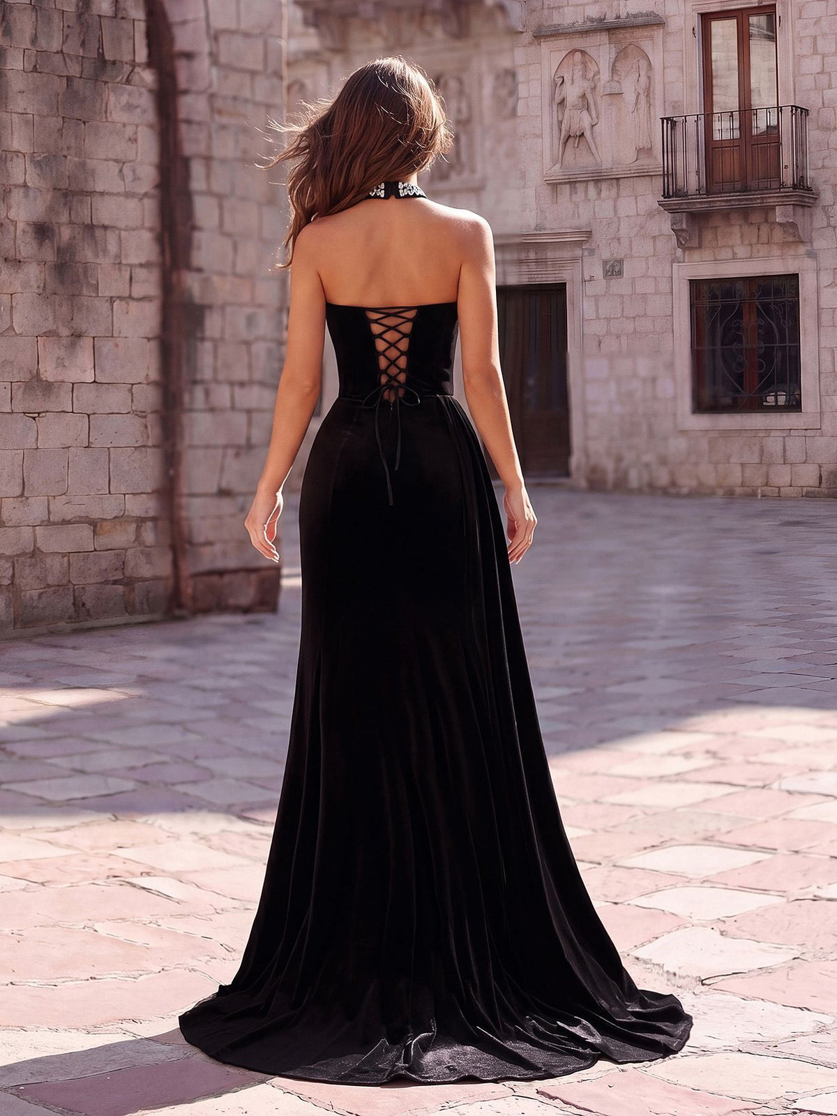 Velvet Halter Neck Beaded Mermaid Evening Gown With High Slit - KaleaBoutique.com