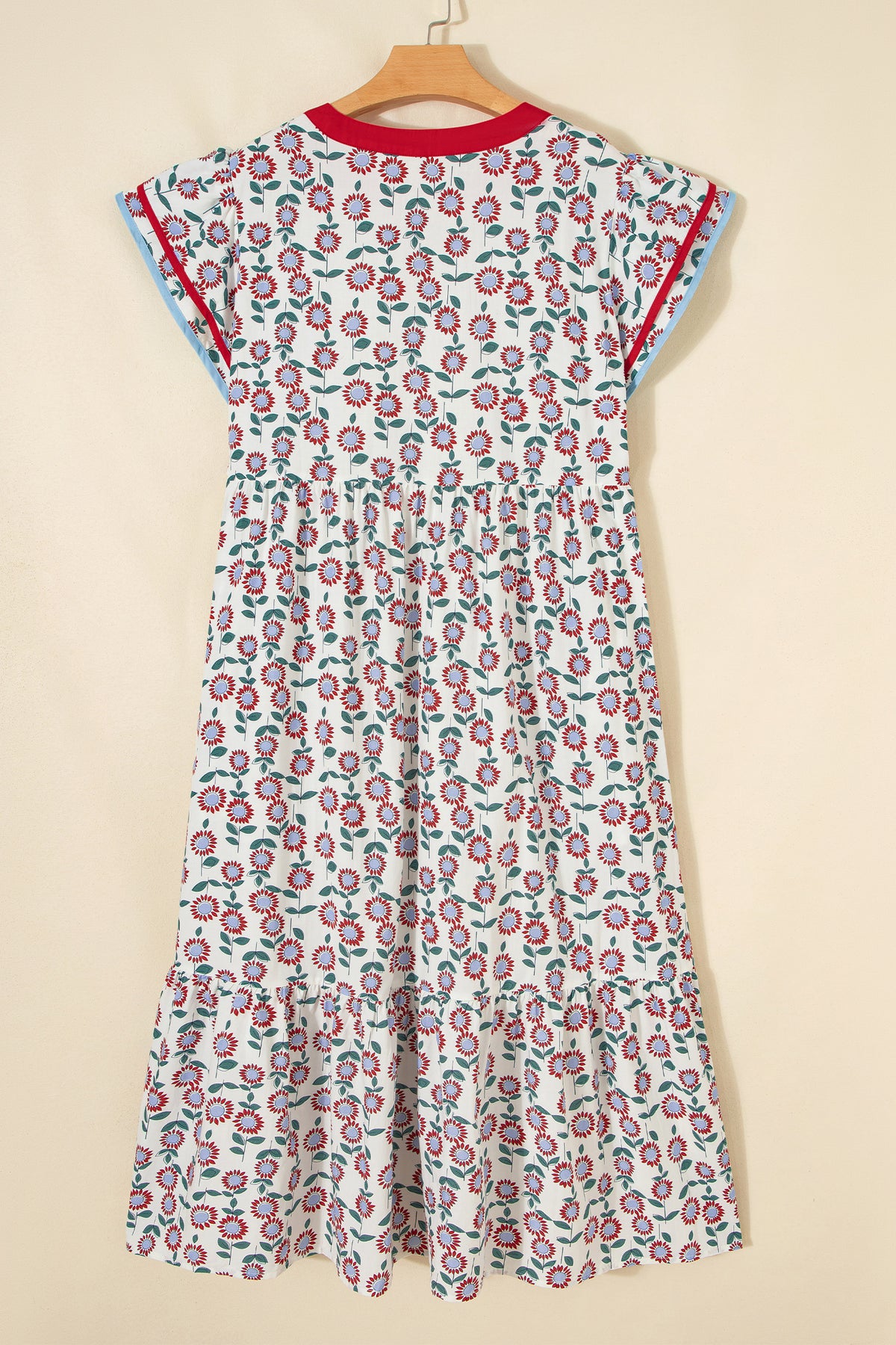 KaleaBoutique Stylish Cute Sunflower Printed Striped Patchwork Trim Flutter Sleeve Long Dress - KaleaBoutique.com