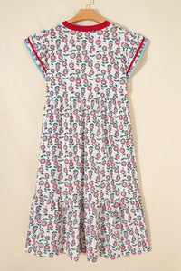 KaleaBoutique Stylish Cute Sunflower Printed Striped Patchwork Trim Flutter Sleeve Long Dress - KaleaBoutique.com