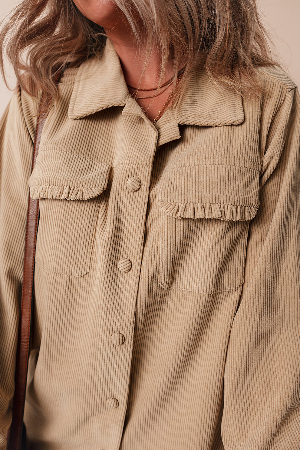 KaleaBoutique Solid Frilled Flap Pocket Button Up Corduroy Shacket - KaleaBoutique.com