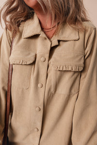 KaleaBoutique Solid Frilled Flap Pocket Button Up Corduroy Shacket - KaleaBoutique.com