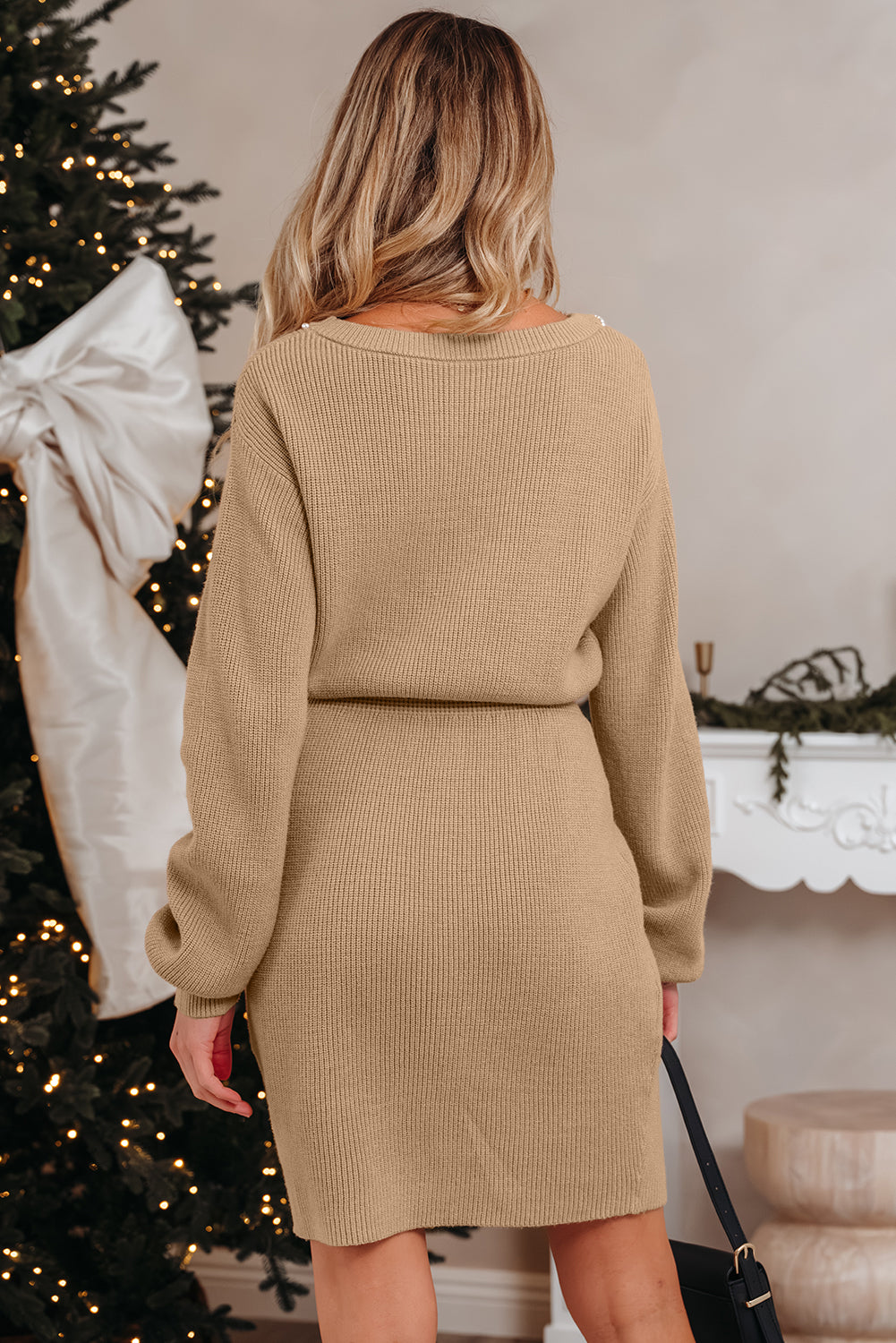 KaleaBoutique Stylish Pearl Embellished Keyhole Ribbed Sweater Dress - KaleaBoutique.com