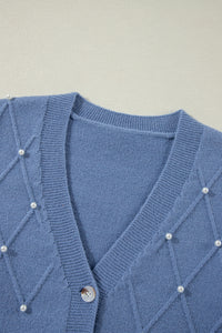 KaleaBoutique Textured Knit Pearl Beaded Button Up Cardigan - KaleaBoutique.com