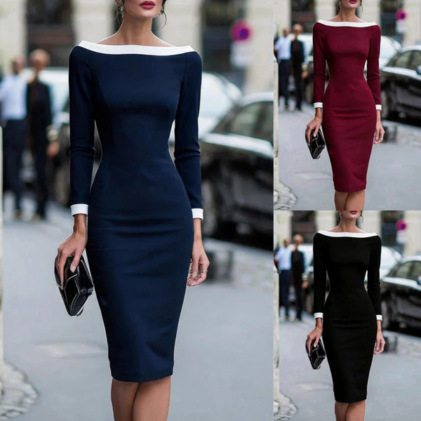 KaleaBoutique Colorblock Boat-Neck Long Sleeve Midi Sheath Dress - KaleaBoutique.com