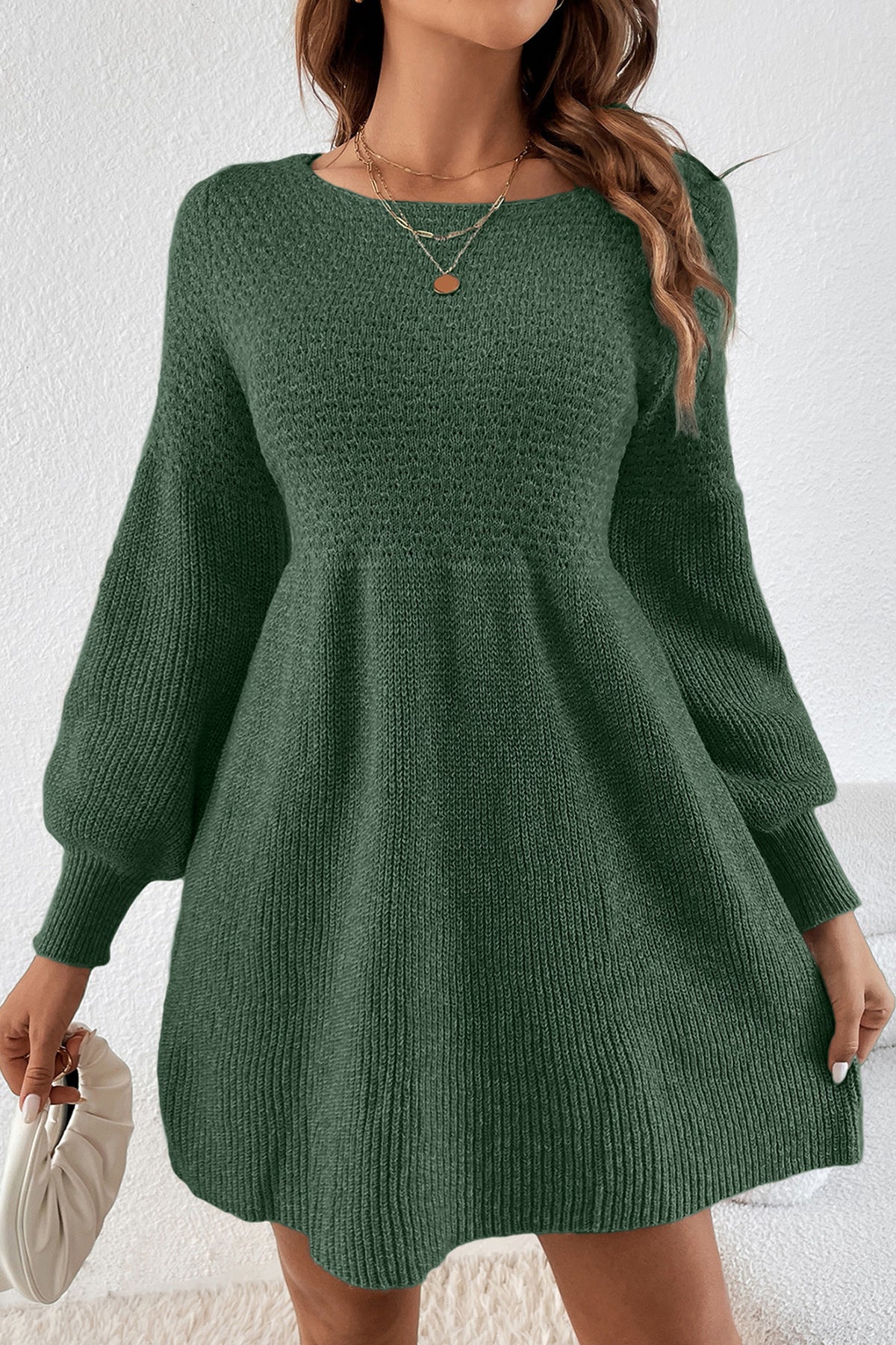 KaleaBoutique Comfortable Solid Lantern Sleeve Empire Waist Short Sweater Dress - KaleaBoutique.com