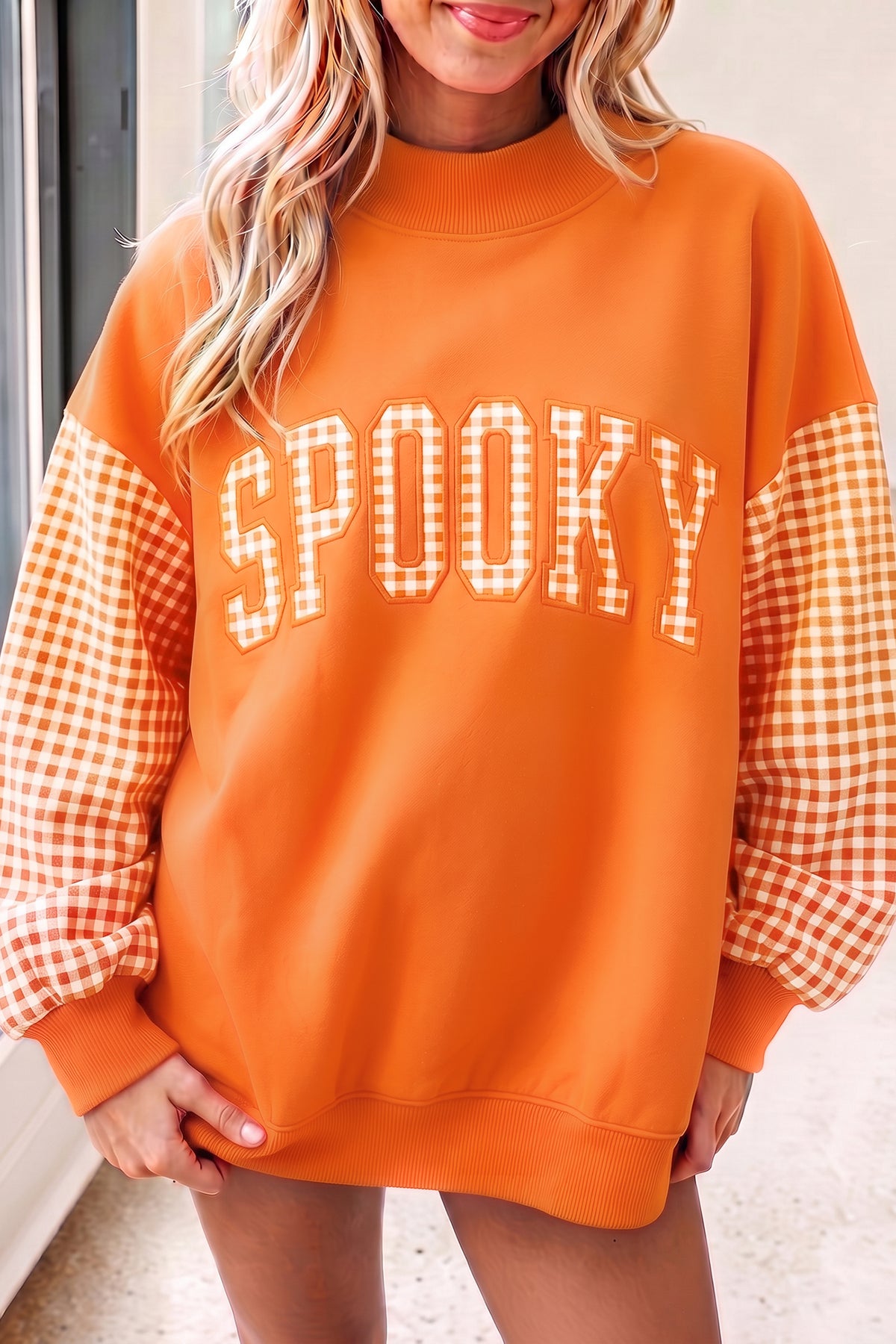 Gingham Plaid Sleeve Colorblock Oversized Pullover Sweatshirt - KaleaBoutique.com