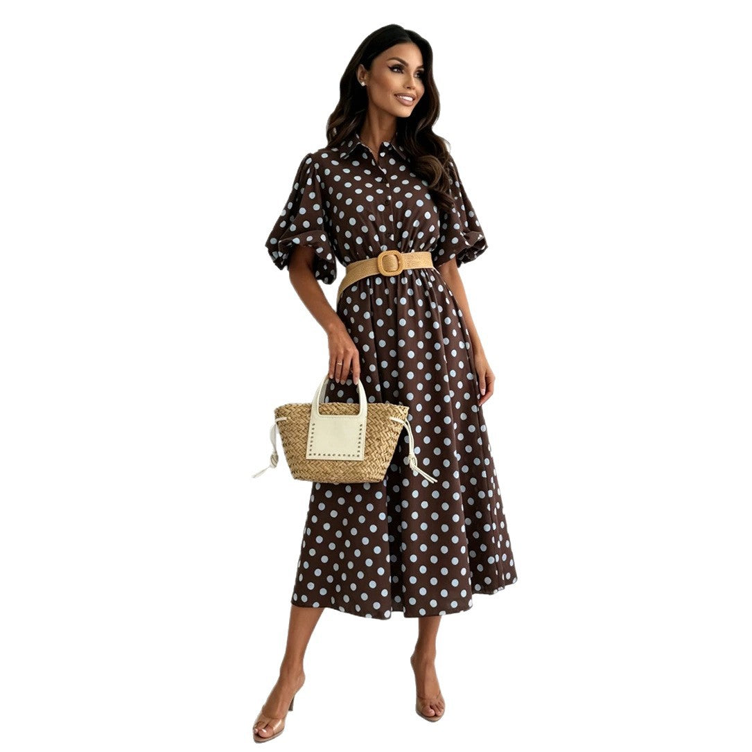 Women's Polka-Dot Collared Puff-Sleeve Midi Dress - KaleaBoutique.com