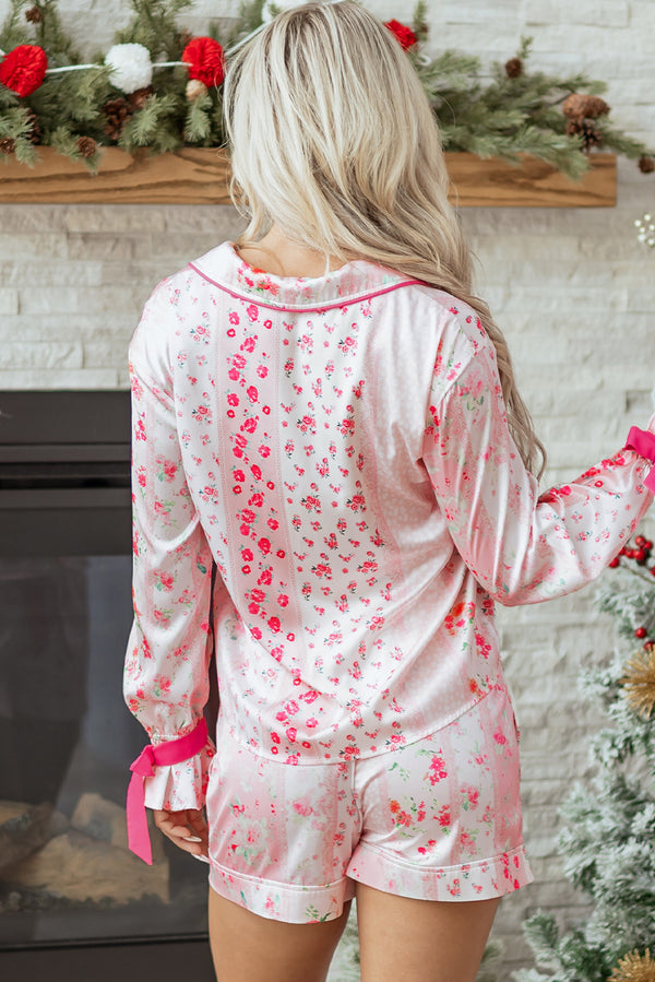KaleaBoutique Comfortable Mixed Floral Print Contrast Piping Trim Satin Tie 2pcs Pajama Set - KaleaBoutique.com
