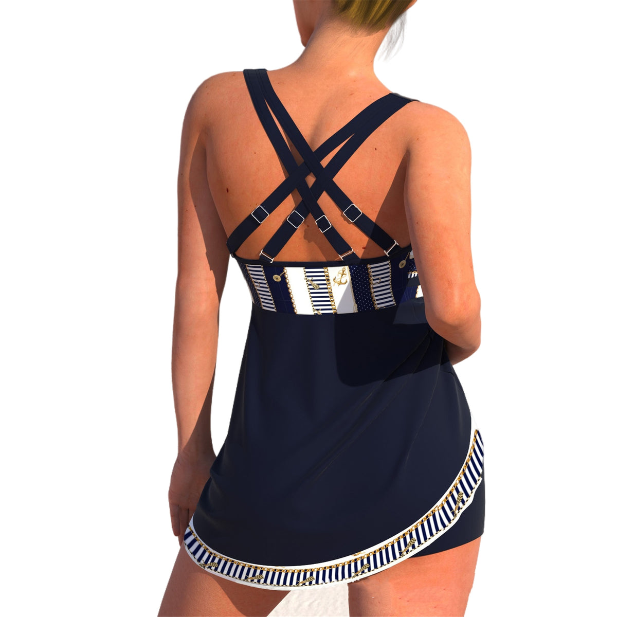 Women's Nautical Stripe Swim Dress and Shorts 2 PC Tankini Set - KaleaBoutique.com