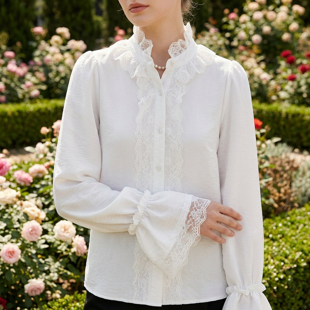Women's Scalloped Lace-Trim Long-Sleeve Blouse - KaleaBoutique.com