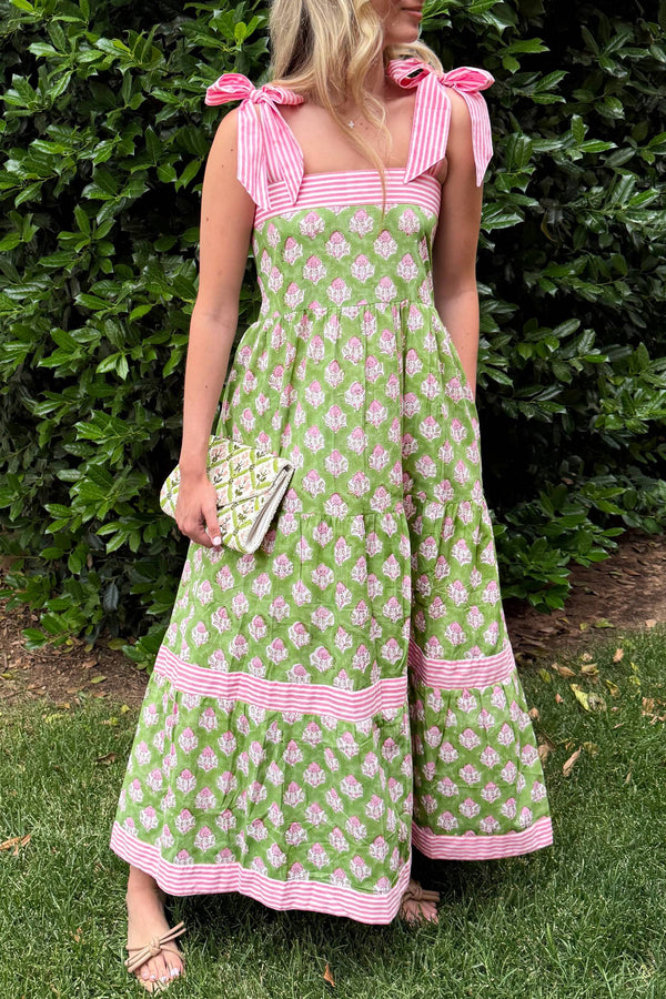 KaleaBoutique Stylish Floral Print Striped Detail Knot Straps Maxi Dress - KaleaBoutique.com