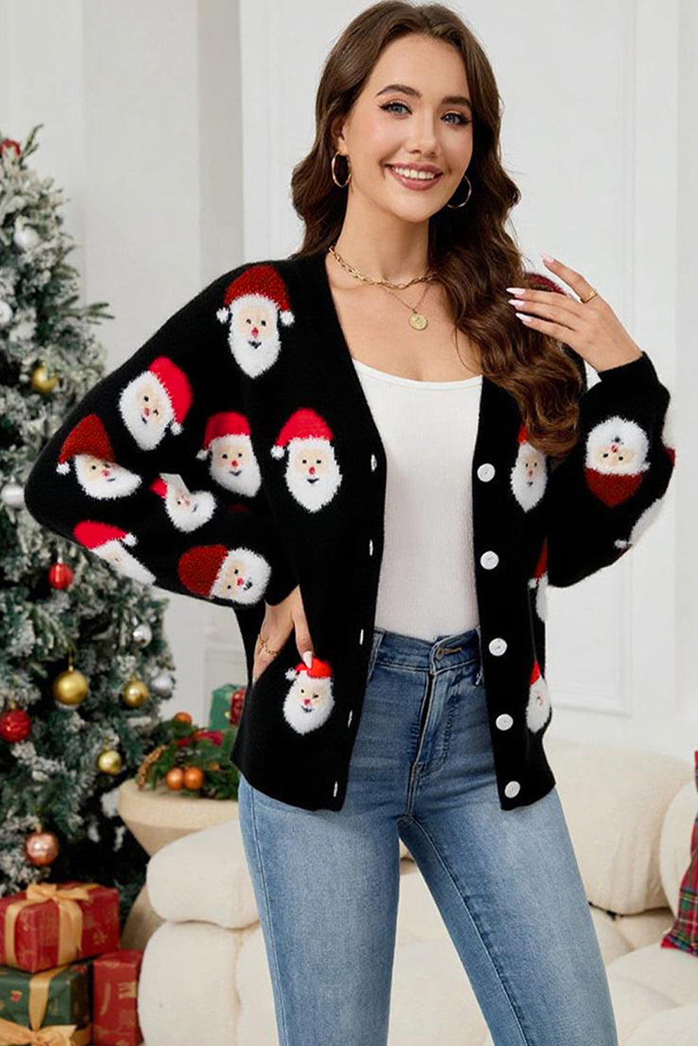 KaleaBoutique Stylish Christmas Santa Claus Pattern Button V Neck Sweater Cardigan - KaleaBoutique.com