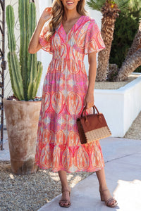 KaleaBoutique Comfortable Paisley Print V-Neck Short Sleeve Boho Maxi Dress with Ruffle Details - KaleaBoutique.com