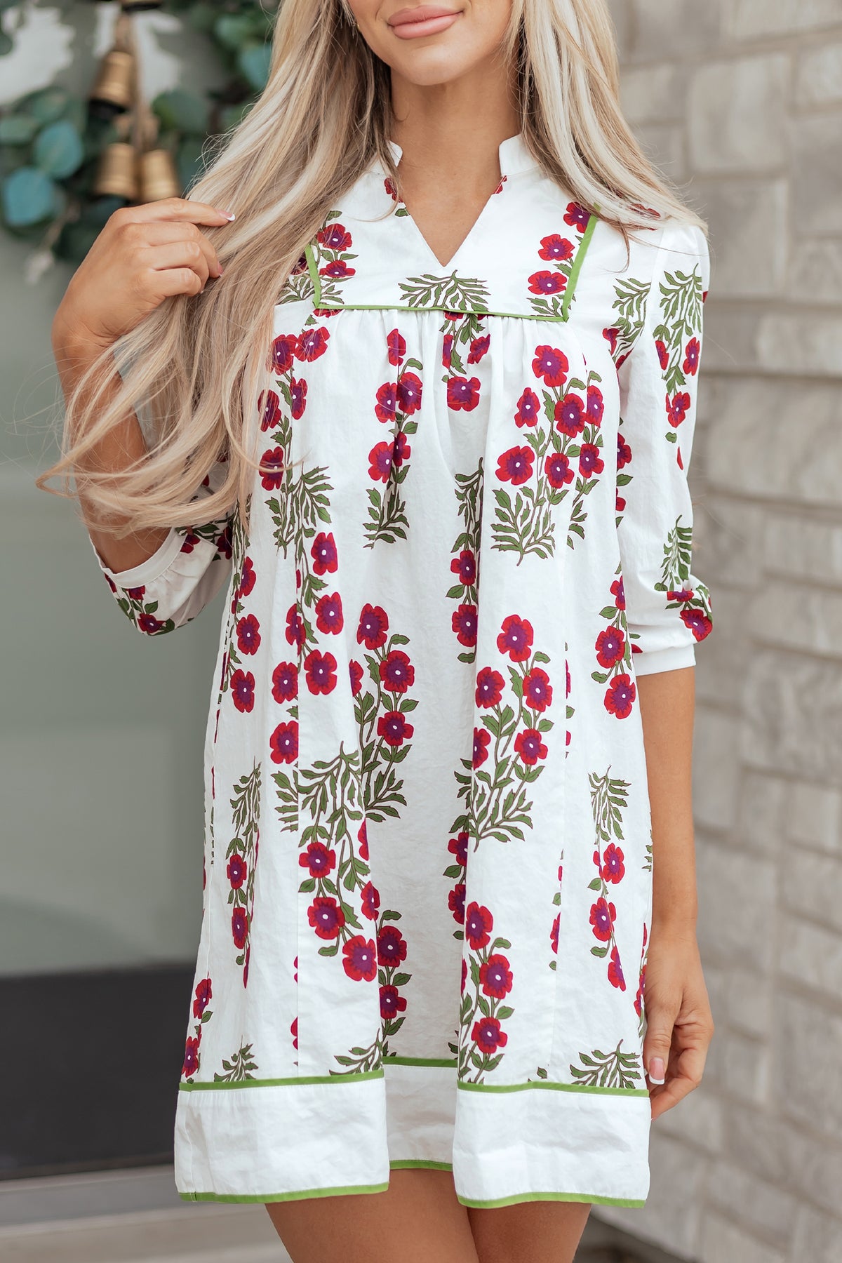 KaleaBoutique Stylish Frilled V Neck 3/4 Sleeve Loose Floral Dress - KaleaBoutique.com