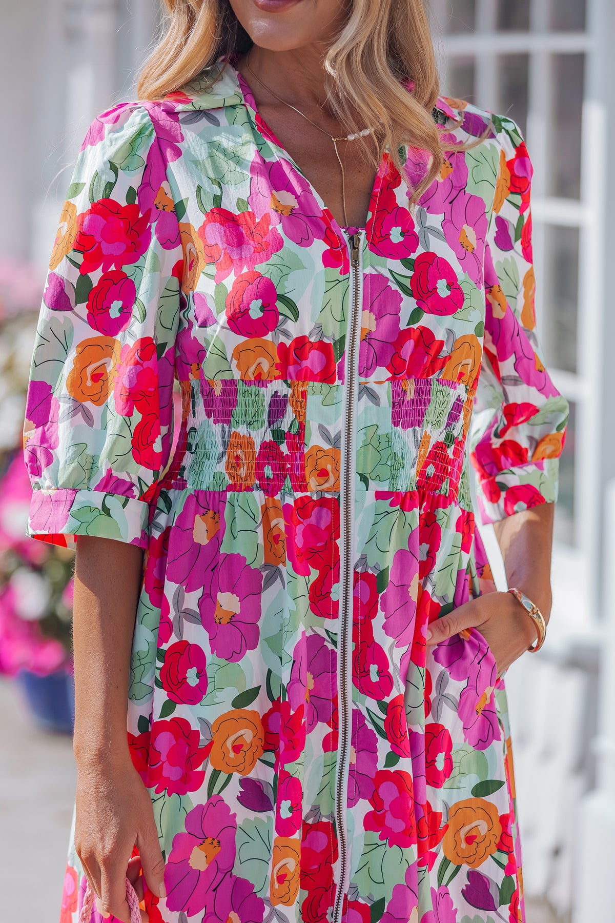 KaleaBoutique Stylish Vibrant Floral Print V Neck Zip Up Puffy Half Sleeve Dress - KaleaBoutique.com