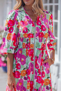 KaleaBoutique Stylish Vibrant Floral Print V Neck Zip Up Puffy Half Sleeve Dress - KaleaBoutique.com