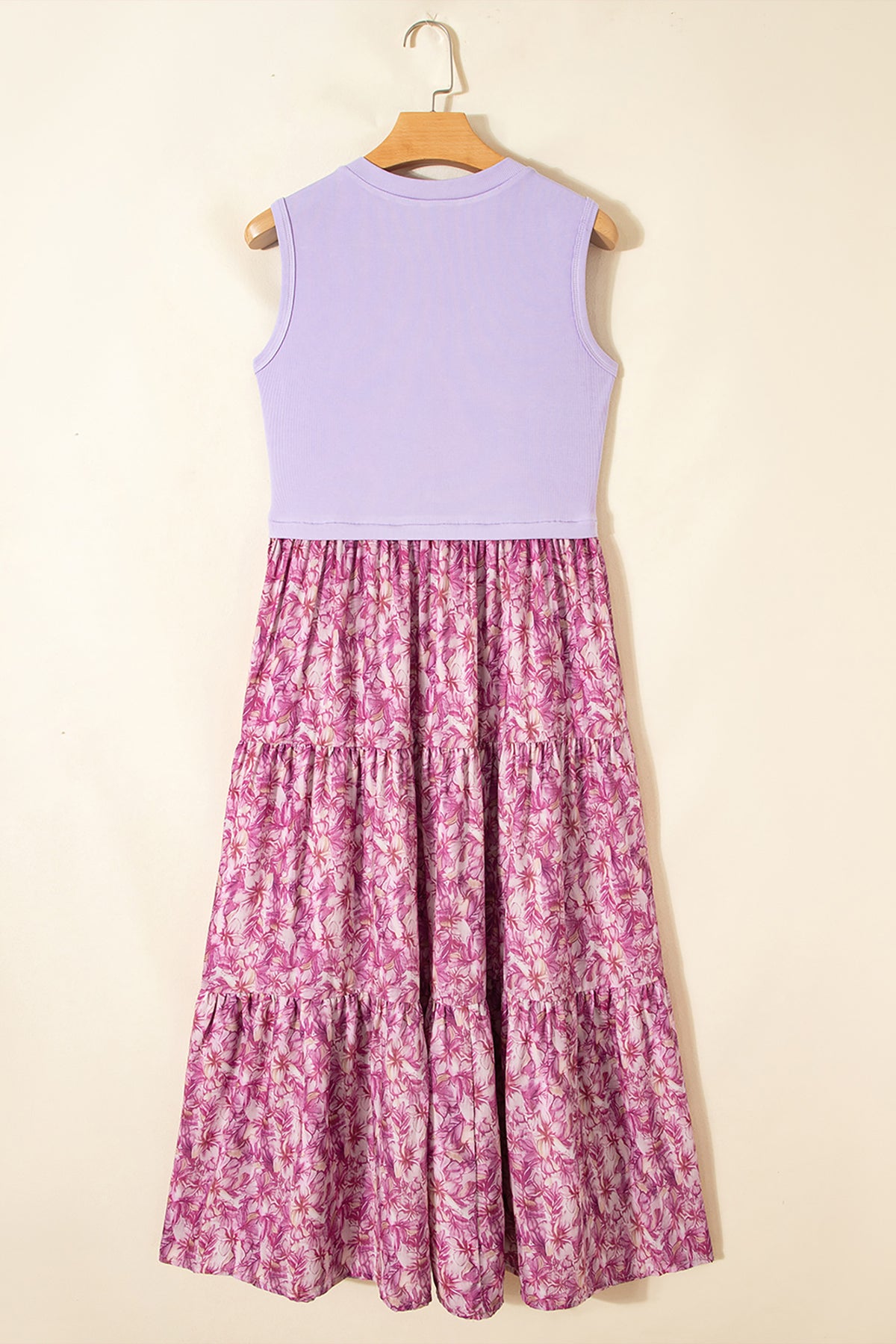 KaleaBoutique Stylish Ribbed V Neck Tank Floral Contrast Patchwork Long Dress - KaleaBoutique.com