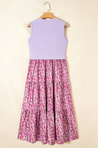 KaleaBoutique Stylish Ribbed V Neck Tank Floral Contrast Patchwork Long Dress - KaleaBoutique.com