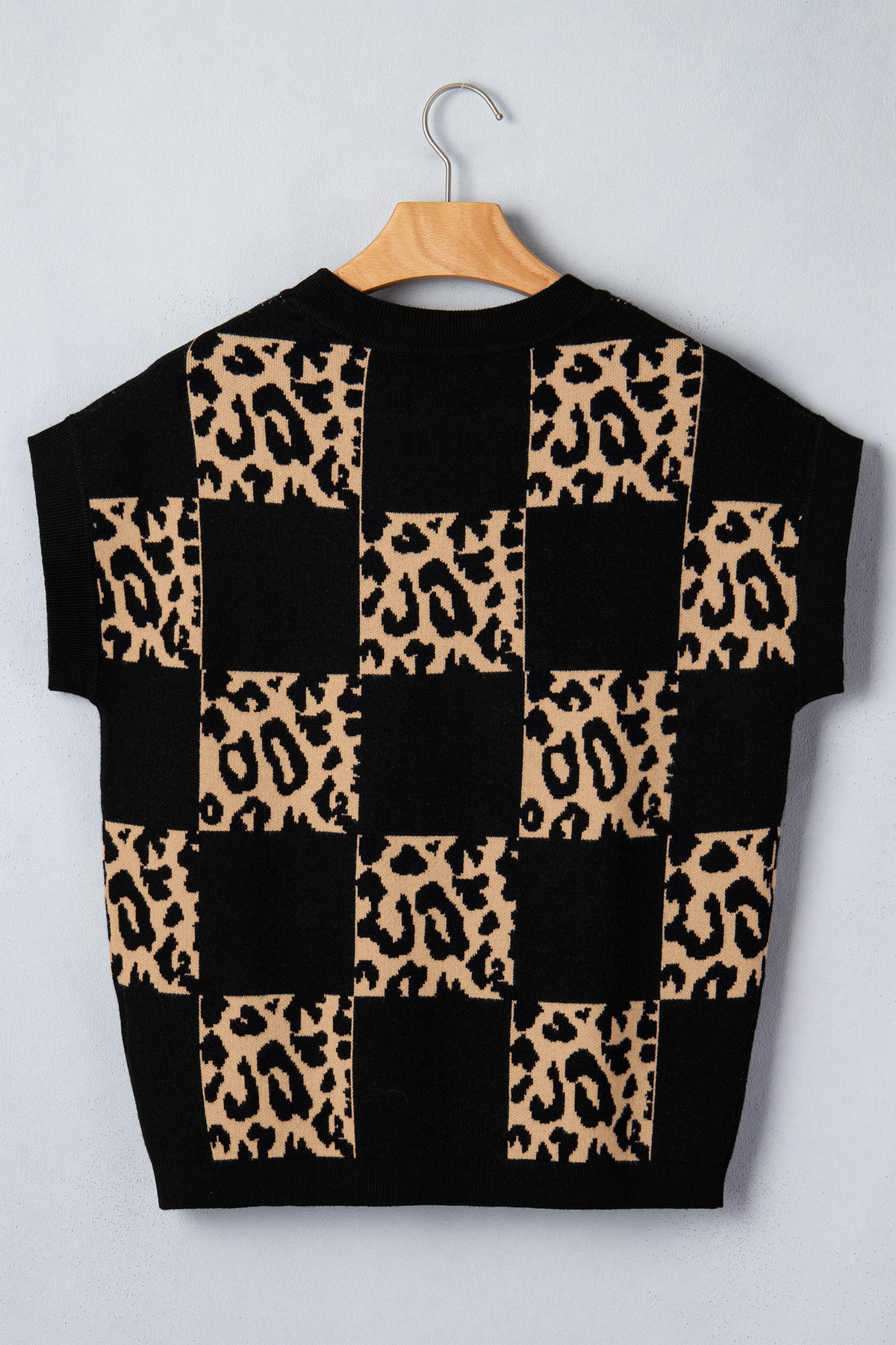 KaleaBoutique Stylish Leopard Checkerboard Short Sleeve Knit Sweater - KaleaBoutique.com