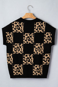 KaleaBoutique Stylish Leopard Checkerboard Short Sleeve Knit Sweater - KaleaBoutique.com