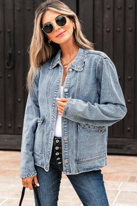 Scallop Trim Collar Patched Pocket Button Up Mineral Washed Denim Jacket - KaleaBoutique.com