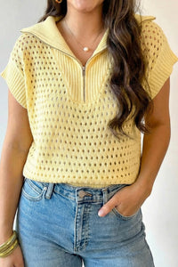 KaleaBoutique Stylish Solid Color Hollowed Knit Short Sleeve Zipper Collar Knitwear Top - KaleaBoutique.com