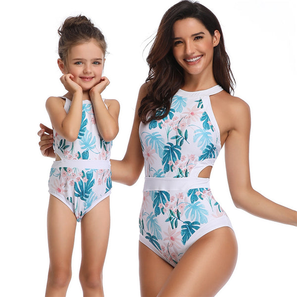 Women or Girls Matching Floral High-Neck One-Piece Swimsuits - KaleaBoutique.com