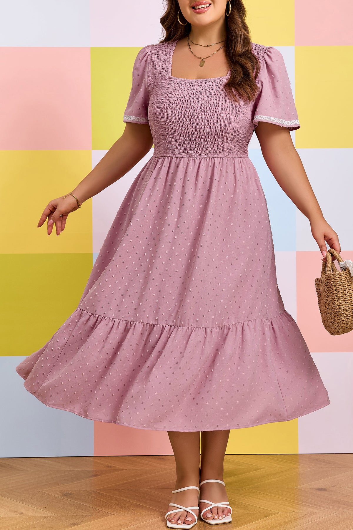 Pink Plus Size Swiss Dot Smocked Midi Dress - KaleaBoutique.com