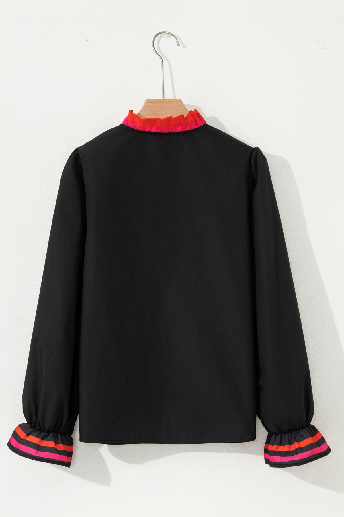 KaleaBoutique Beautiful Striped Trim Ruffle Split Neck Long Sleeve Blouse - KaleaBoutique.com