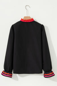 KaleaBoutique Beautiful Striped Trim Ruffle Split Neck Long Sleeve Blouse - KaleaBoutique.com