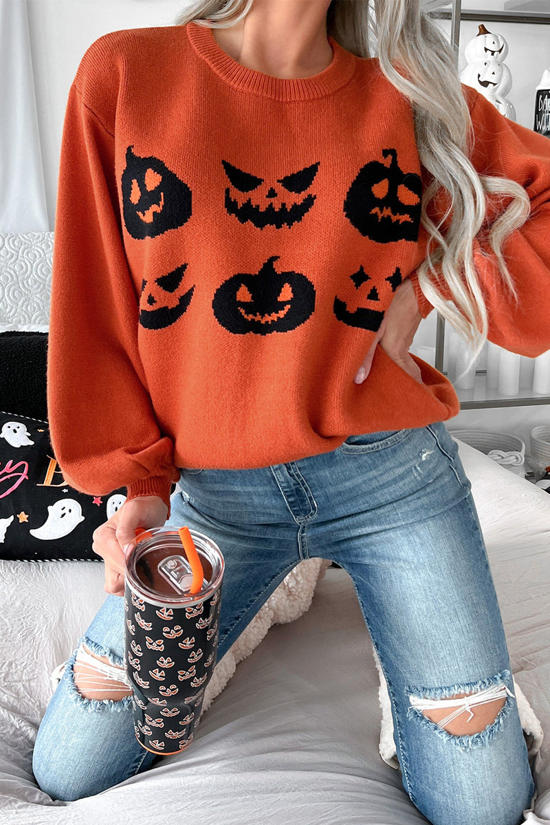 KaleaBoutique Halloween Pumpkin Face Pattern Drop Shoulder Sweater - KaleaBoutique.com