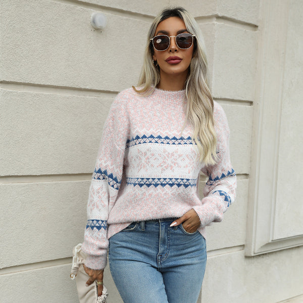 Women's Snowflake Mock-Neck Pastel Color Christmas Pullover Sweater - KaleaBoutique.com