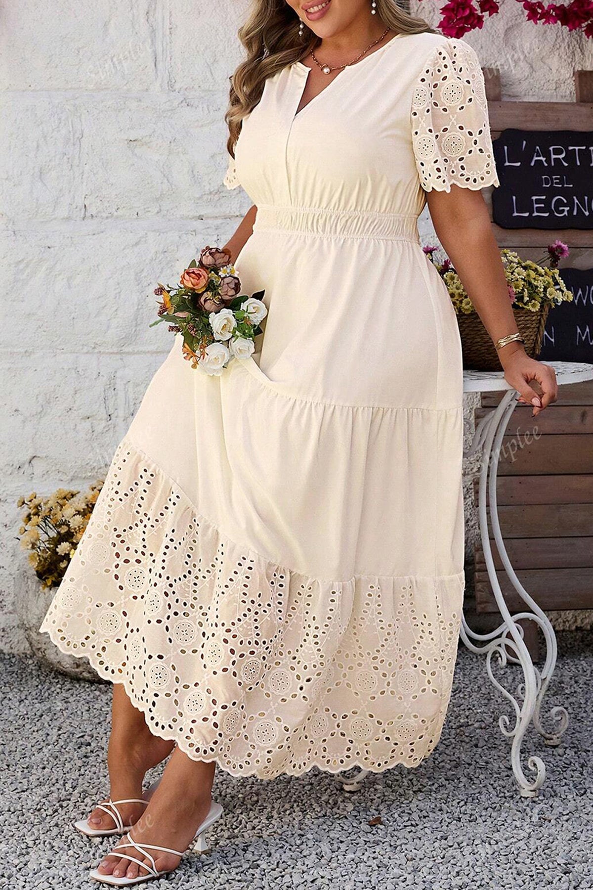 Apricot Plus Size V-Neck Eyelet Embroidered Maxi Dress - KaleaBoutique.com