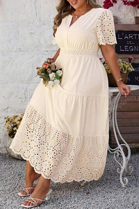 Apricot Plus Size V-Neck Eyelet Embroidered Maxi Dress - KaleaBoutique.com