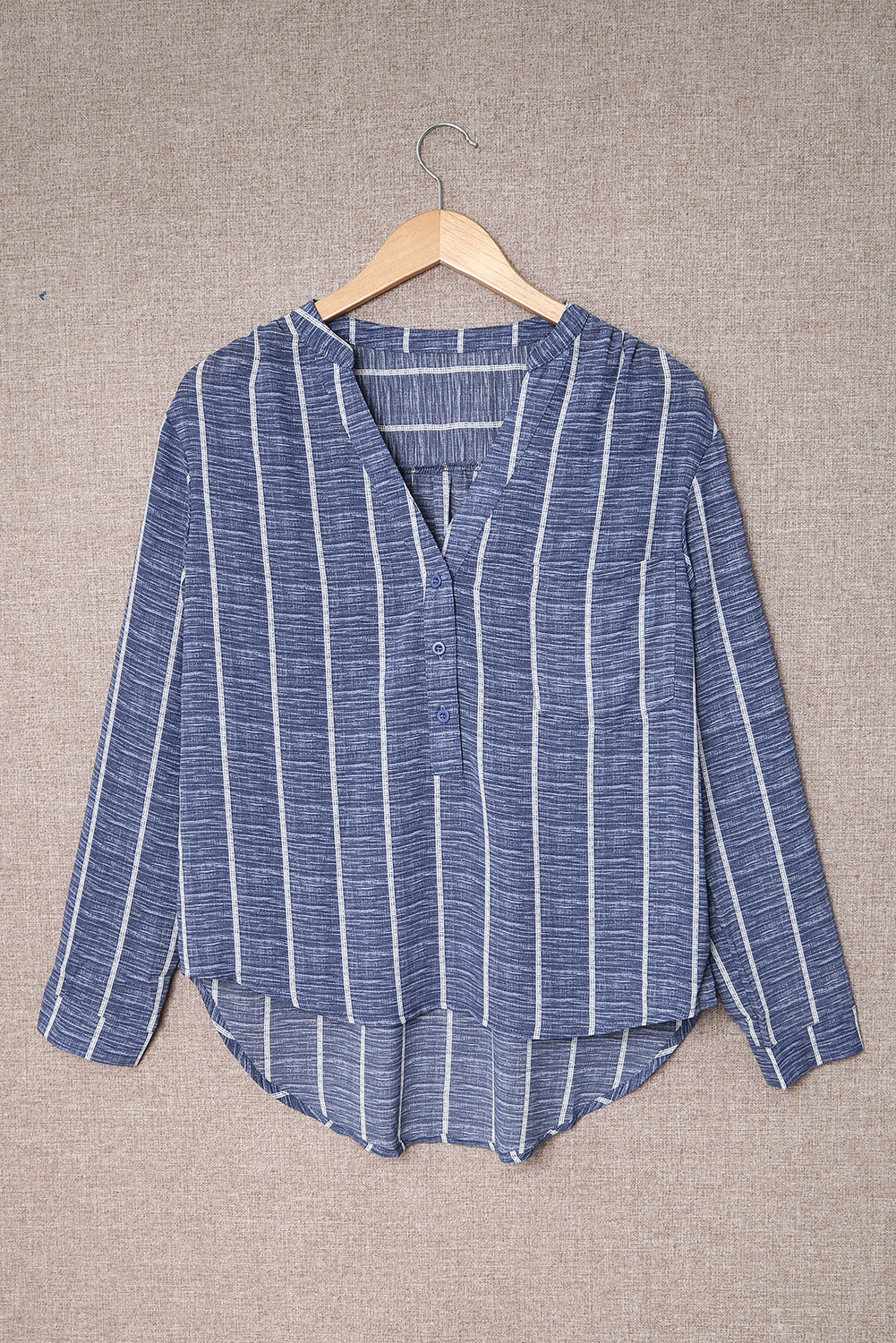 KaleaBoutique Stylish Striped Print V Neck Half Buttons Loose Blouse - KaleaBoutique.com
