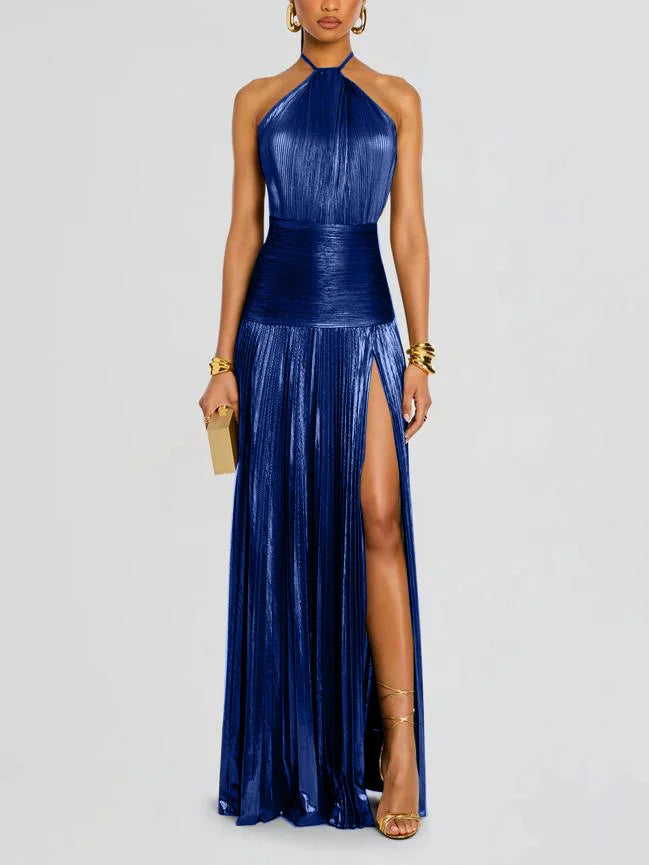 Women's Metallic-Look Pleated Halter-Neck Slit Maxi Dress - KaleaBoutique.com