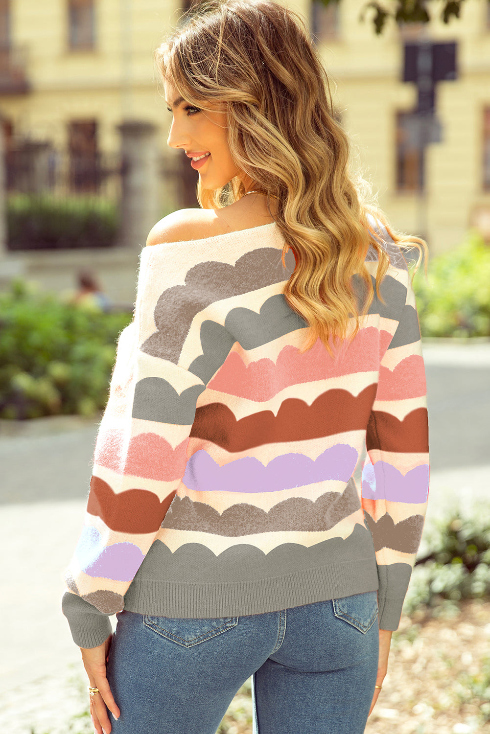KaleaBoutique Stylish Wave Striped Balloon Sleeve Drop Shoulder Sweater - KaleaBoutique.com