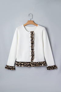 KaleaBoutique Stylish Knitted Leopard Ruffle Patchwork Button Down Cropped Cardigan - KaleaBoutique.com
