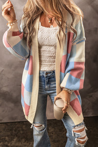 Checkered Drop Shoulder Exposed Seam Open Front Cardigan - KaleaBoutique.com