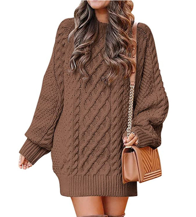 Women's Round-Neck Cable-Pattern Balloon-Sleeve Sweater Dress - KaleaBoutique.com