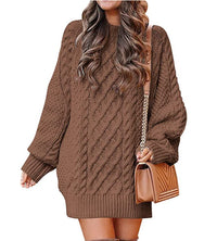 Women's Round-Neck Cable-Pattern Balloon-Sleeve Sweater Dress - KaleaBoutique.com