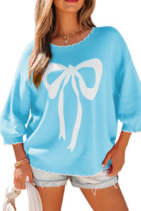 KaleaBoutique Comfortable Big Ribbon Bow Print Contrast Stitch Trim Drop Shoulder Sweater - KaleaBoutique.com