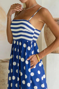 KaleaBoutique Stylish Striped Polka Dot Patchwork High Waist Spaghetti Straps Maxi Dress - KaleaBoutique.com