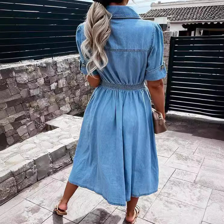 Women's Collared Short-Sleeve Button-Front Denim Midi Dress - KaleaBoutique.com