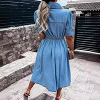 Women's Collared Short-Sleeve Button-Front Denim Midi Dress - KaleaBoutique.com