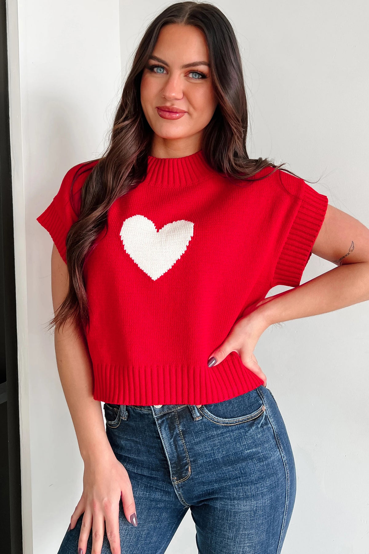 KaleaBoutique Comfortable Valentine Heart Graphic Cropped Short Sleeve Sweater - KaleaBoutique.com