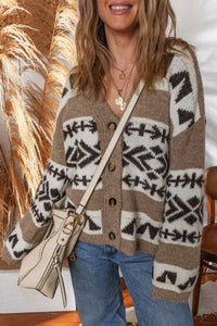 KaleaBoutique Stylish Ethnic Geometric Pattern Button Front V Neck Sweater Cardigan - KaleaBoutique.com