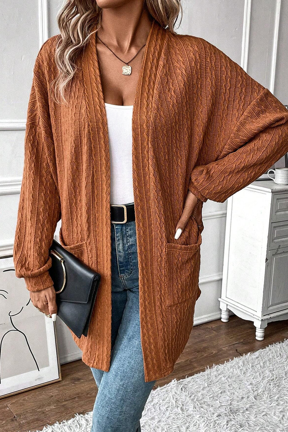 KaleaBoutique Stylish Textured Knit Side Pockets Open Front Cardigan - KaleaBoutique.com