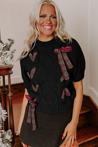KaleaBoutique Comfortable Plaid Lace up Detail Christmas Holiday Puff Short Sleeve Sweater - KaleaBoutique.com